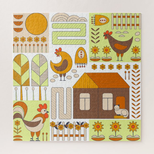 Puzzle Coq, poules, dessin géométrique floral. (Vertical)