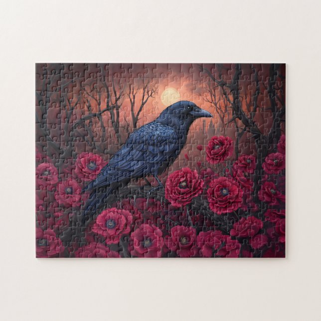 Puzzle Corbeau gothique avec des pavots rouges foncés (Horizontal)