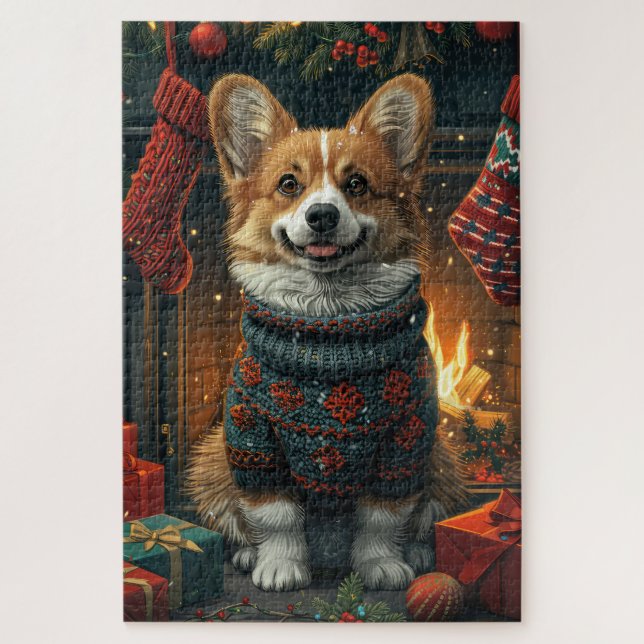 Puzzle Corgi au coin du feu avec des cadeaux de Noël (Vertical)