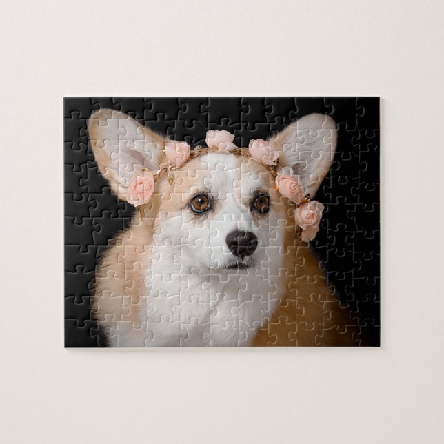 Puzzle Corgi avec des fleurs dans ses cheveux (Horizontal)