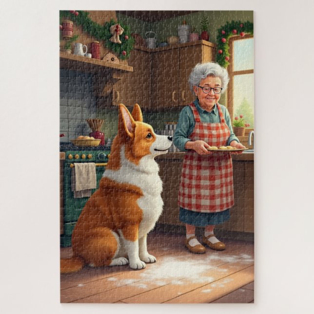 Puzzle Corgi Baking with Grandma Christmas Painting (Vertical)