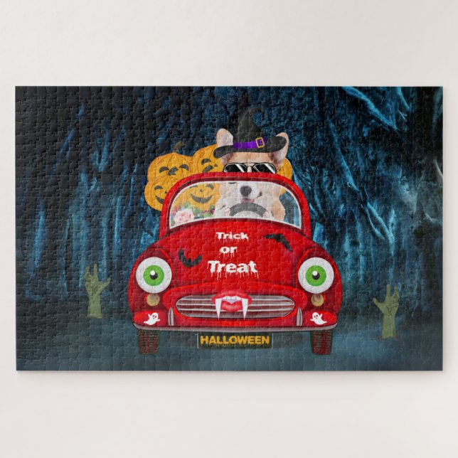 Puzzle Corgi Chien Conduite voiture effrayant Halloween (Horizontal)