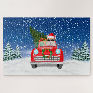 Puzzle Corgi Conduisant une Voiture dans la Neige Noël