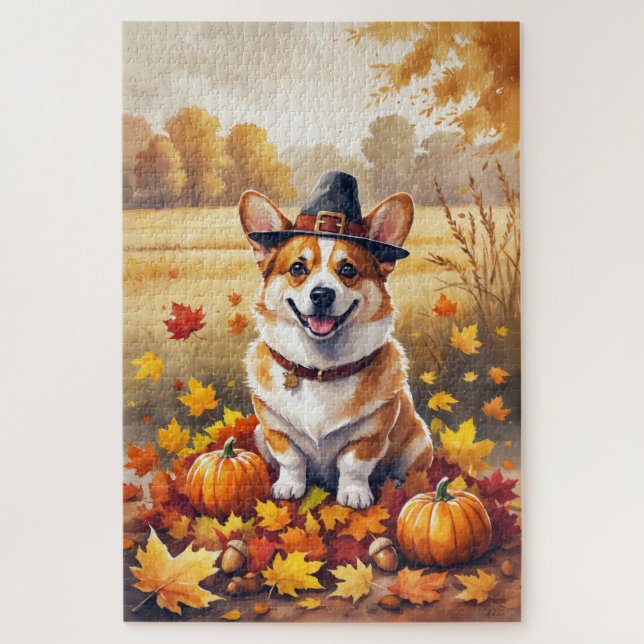 Puzzle Corgi dans l'art de Thanksgiving aux feuilles d'au (Vertical)