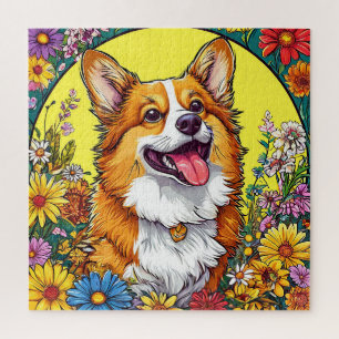 Puzzle Corgi de charme entouré de fleurs colorées