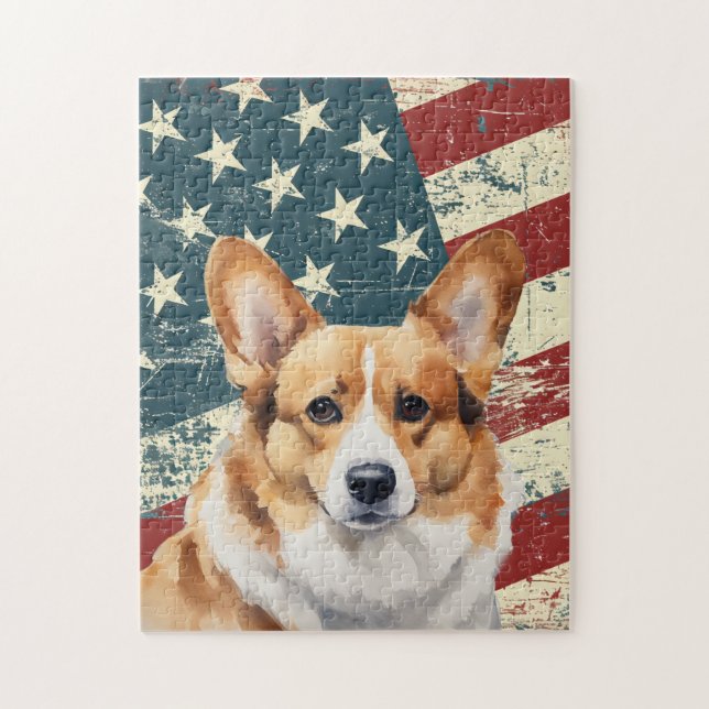 Puzzle Corgi Drapeau Américain Grunge (Vertical)