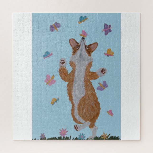 Puzzle Corgi gallois dansant avec des papillons (Vertical)