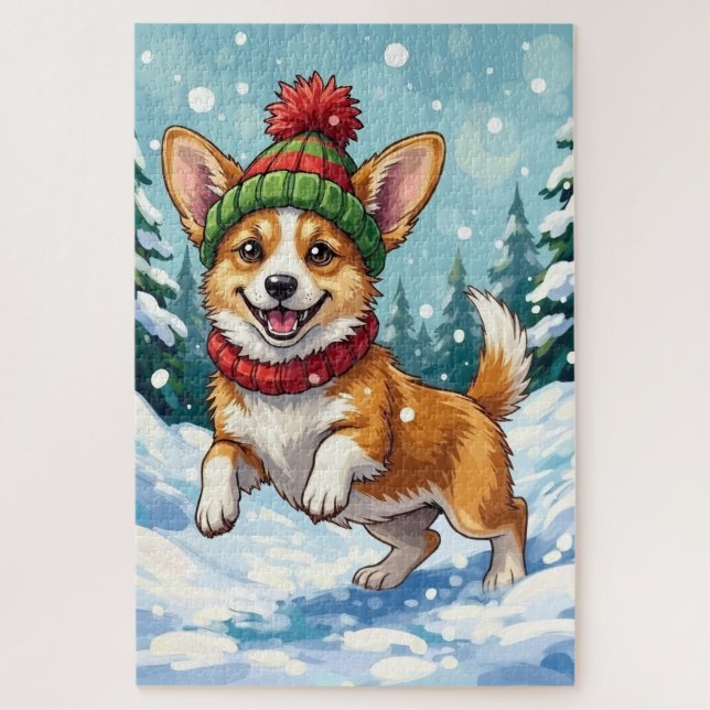 Puzzle Corgi joyeux bondissant dans la neige avec pompon (Vertical)