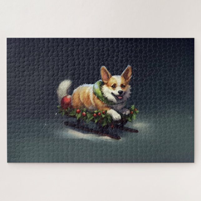 Puzzle Corgi Noël neige hiver (Horizontal)