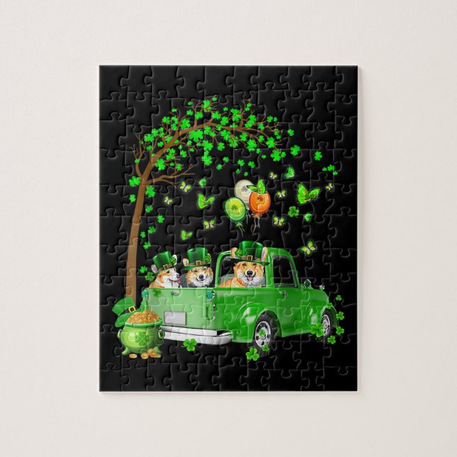 Puzzle Corgi St Patrick Day Green Truck Under (Vertical)