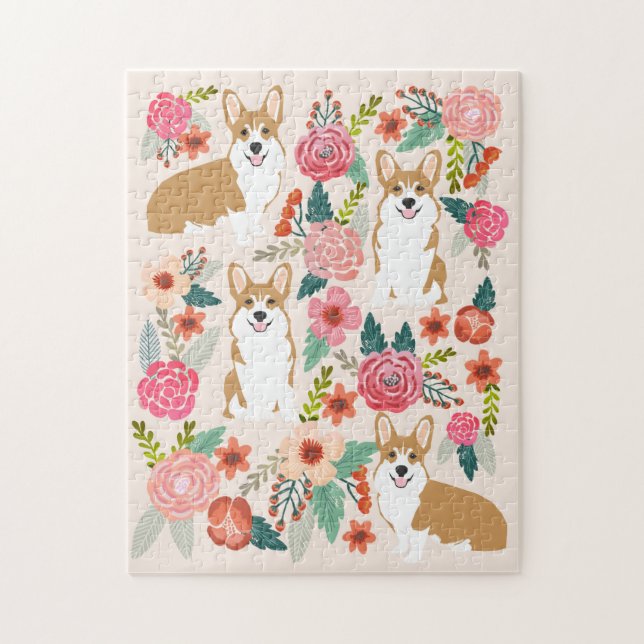 Puzzle Corgi Vintage Florals (Vertical)