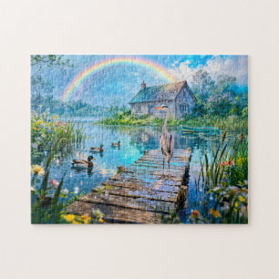 Puzzle Cottage arc-en-ciel avec canards, héron et ruissea