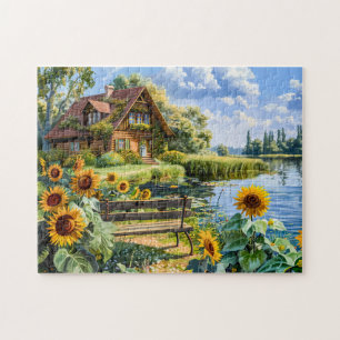 Puzzle Cottage au bord du lac avec champ de tournesols