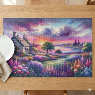 Puzzle Cottage au coucher de soleil pastel Jardin au bord