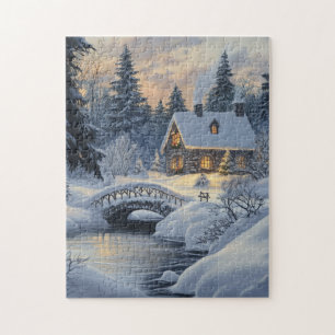 Puzzle Cottage couvert de neige près du ruisseau