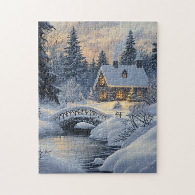 Puzzle Cottage couvert de neige près du ruisseau (Vertical)