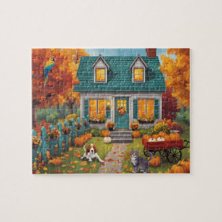 Puzzle Cottage d'automne cosy avec citrouilles