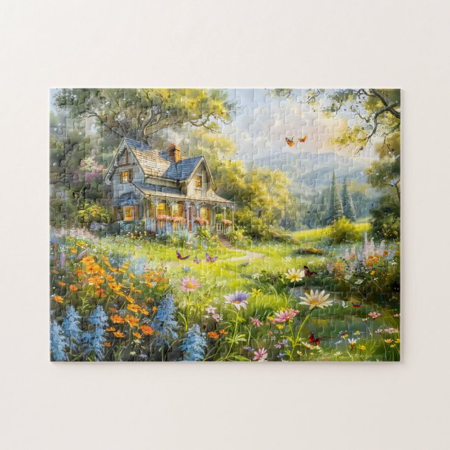 Puzzle Cottage d'été avec prairie de fleurs sauvages (Horizontal)