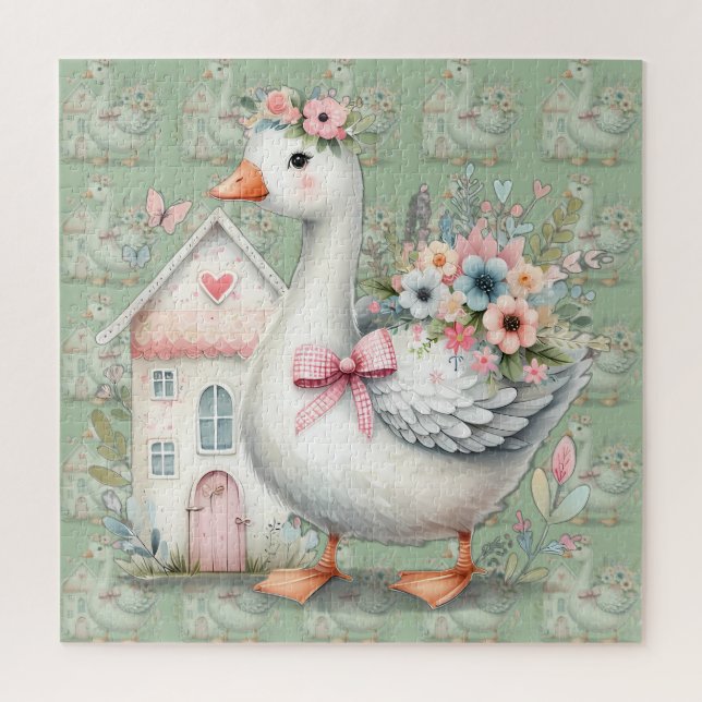 Puzzle Cottage Goose Floral House Scène (Vertical)