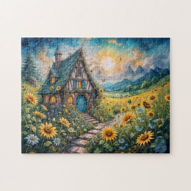 Puzzle Cottage Magique avec Champ de Tournesols (Horizontal)