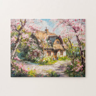 Puzzle Cottage printanier avec arbres fruitiers en fleurs