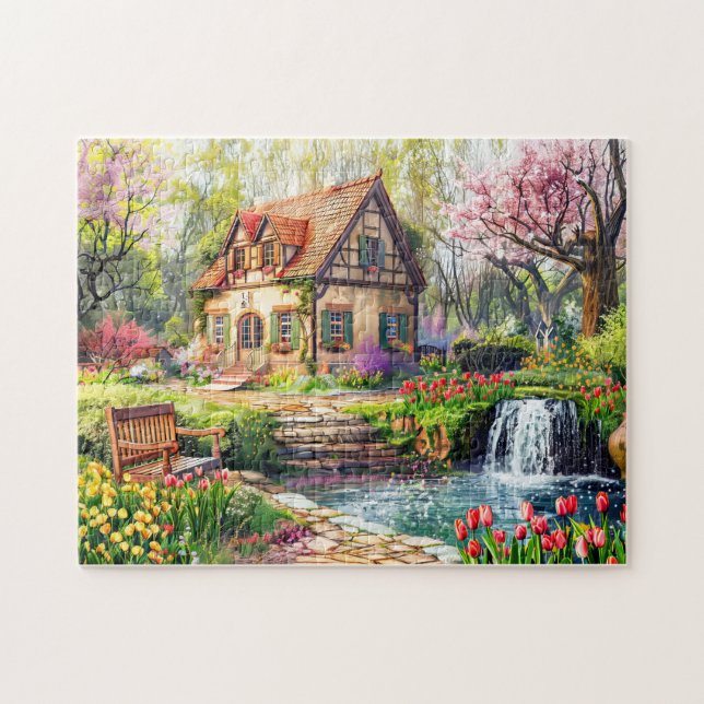 Puzzle Cottage printanier avec tulipes en fleurs (Horizontal)