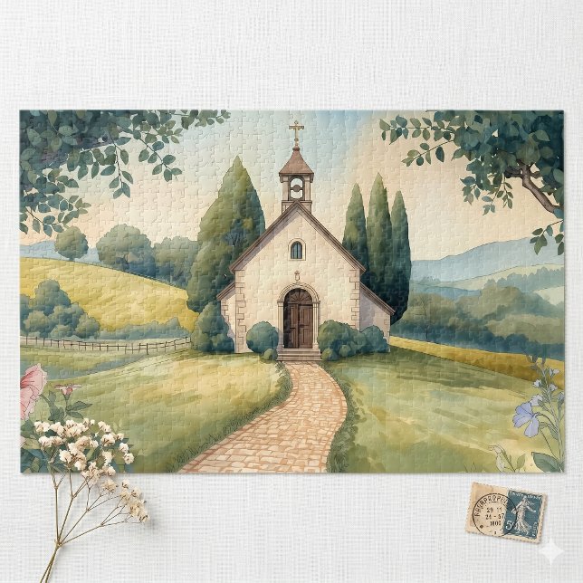 Puzzle Cottagecore Chapel Path Pastel Landscape (Cottagecore Chapel Path Pastel Landscape Jigsaw Puzzle)