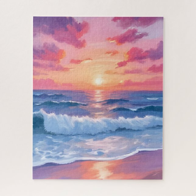 Puzzle Coucher de soleil aquarelle vagues océaniques rose (Vertical)