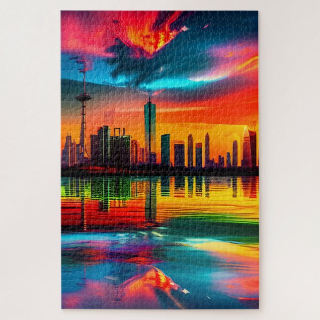Puzzle Coucher de soleil coloré Cityscape Art (Vertical)