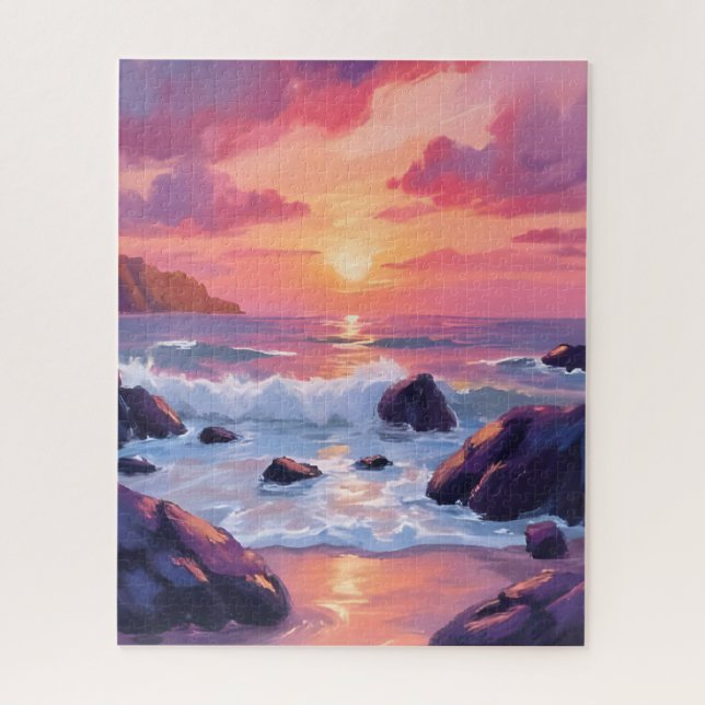 Puzzle Coucher de soleil corail rose | Aquarelle vagues o (Vertical)