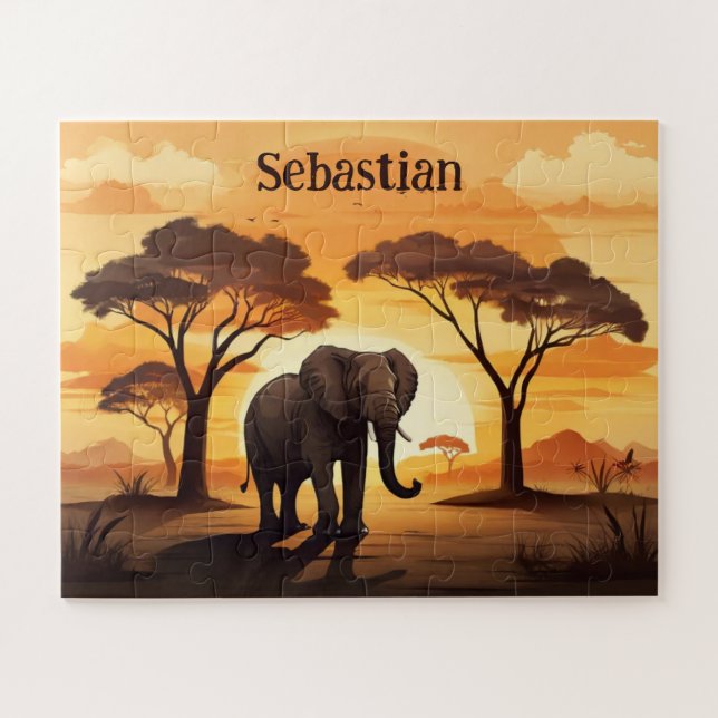 Puzzle Coucher de soleil dans la savane éléphant personna (Horizontal)
