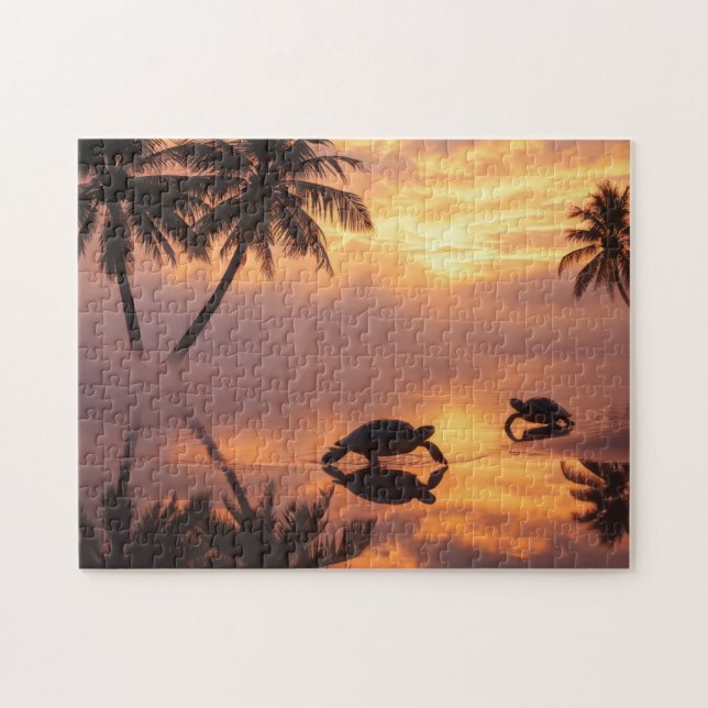 Puzzle Coucher de soleil de tortue marine sur la plage (Horizontal)