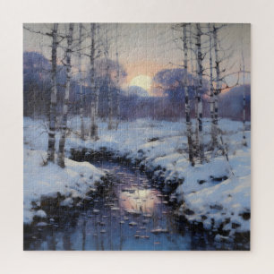 Puzzle Coucher de soleil en forêt hivernale