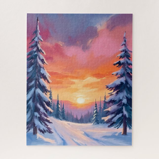 Puzzle Coucher de soleil enneigé d'hiver | Peinture à l'a (Vertical)