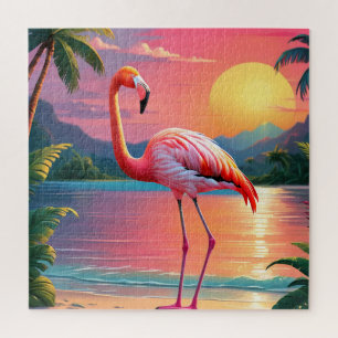 Puzzle Coucher de soleil flamant rose sur la plage tropic