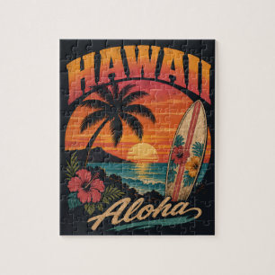 Puzzle Coucher de soleil hawaïen vintage Palmiers Planche