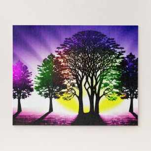 Puzzle Coucher de soleil jaune et violet derrière les arb