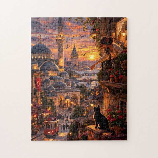 Puzzle Coucher de soleil mystique sur Istanbul Chat noir  (Vertical)