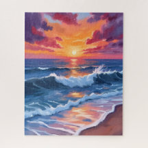 Coucher de soleil océanique Plage Vagues Aquarelle