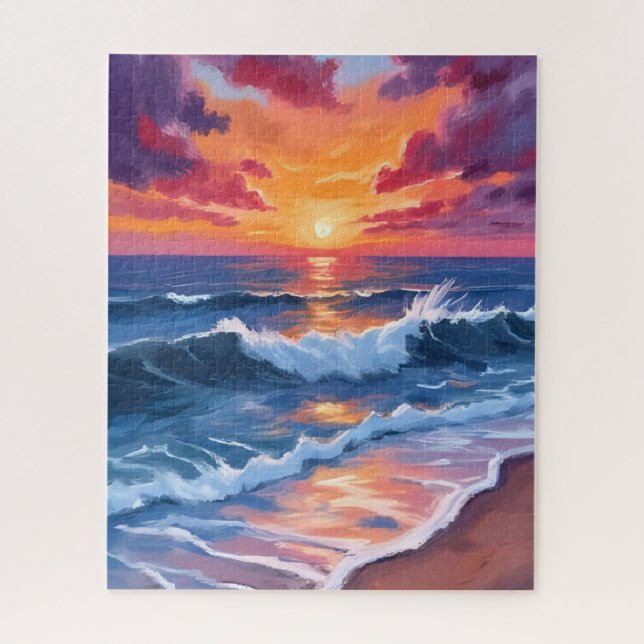 Puzzle Coucher de soleil océanique Plage Vagues Aquarelle (Vertical)