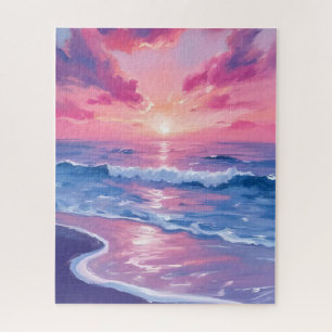 Puzzle Coucher de soleil océanique rose vague aquarelle