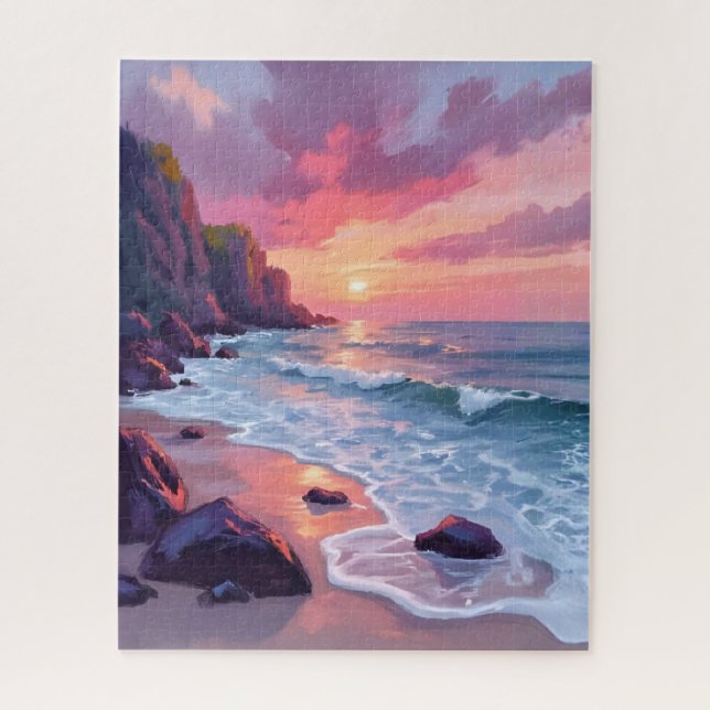 Puzzle Coucher de soleil pastel rose sur les vagues de l' (Vertical)