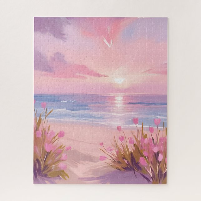 Puzzle Coucher de soleil pastel sur la plage rose blush a (Vertical)