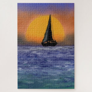 Puzzle Coucher de soleil pour voilier - Aquarelle