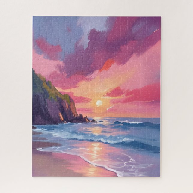 Puzzle Coucher de soleil rose Océan Plage Vagues Aquarell (Vertical)