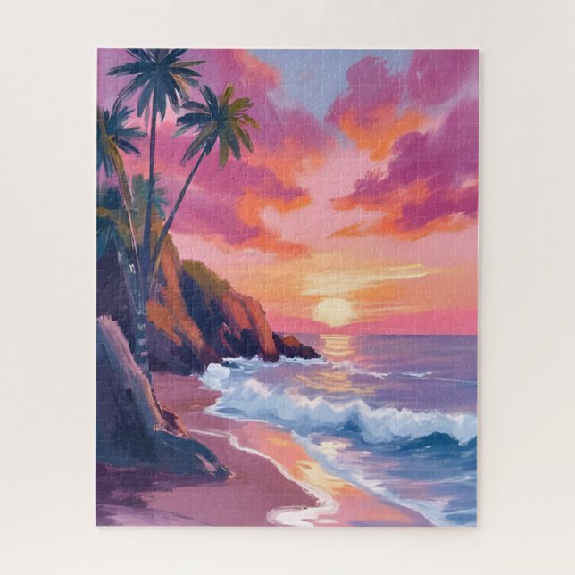 Puzzle Coucher de soleil rose tropical océan aquarelle (Vertical)