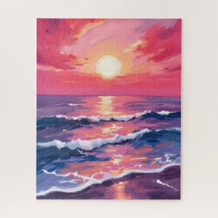 Puzzle Coucher de soleil rose vagues d'océan violet aquar