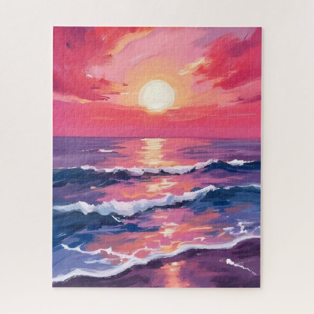 Puzzle Coucher de soleil rose vagues d'océan violet aquar (Vertical)