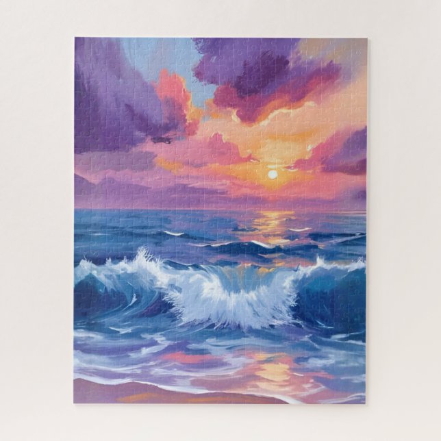 Puzzle Coucher de soleil rose violet | Aquarelle reflets  (Vertical)