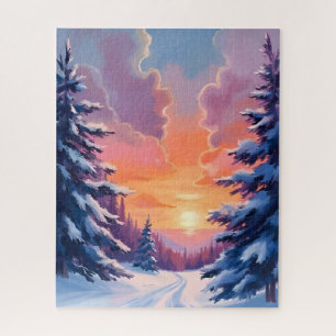 Puzzle Coucher de soleil sous la neige d'hiver   Peinture